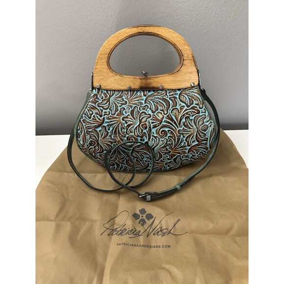 Patricia Nash Mirabella Turquoise Leather Wood Handle Purse Crossbody Floral Bag - Picture 3 of 13